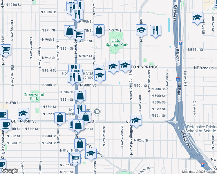 map of restaurants, bars, coffee shops, grocery stores, and more near 8854 Interlake Avenue North in Seattle