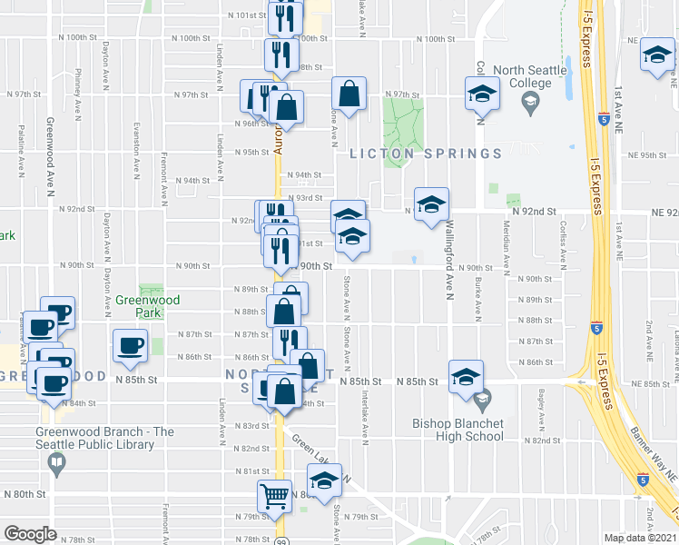 map of restaurants, bars, coffee shops, grocery stores, and more near 1215 North 90th Street in Seattle