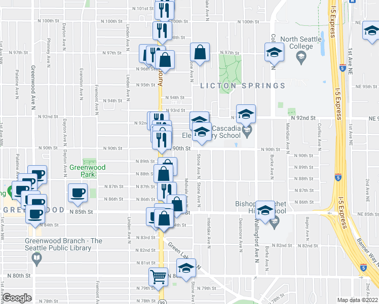 map of restaurants, bars, coffee shops, grocery stores, and more near 1215 North 90th Street in Seattle