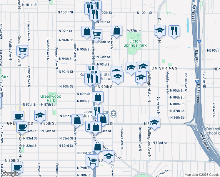 map of restaurants, bars, coffee shops, grocery stores, and more near 1215 North 90th Street in Seattle
