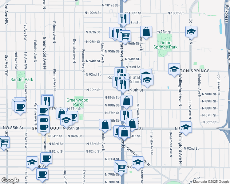 map of restaurants, bars, coffee shops, grocery stores, and more near 929 North 90th Street in Seattle