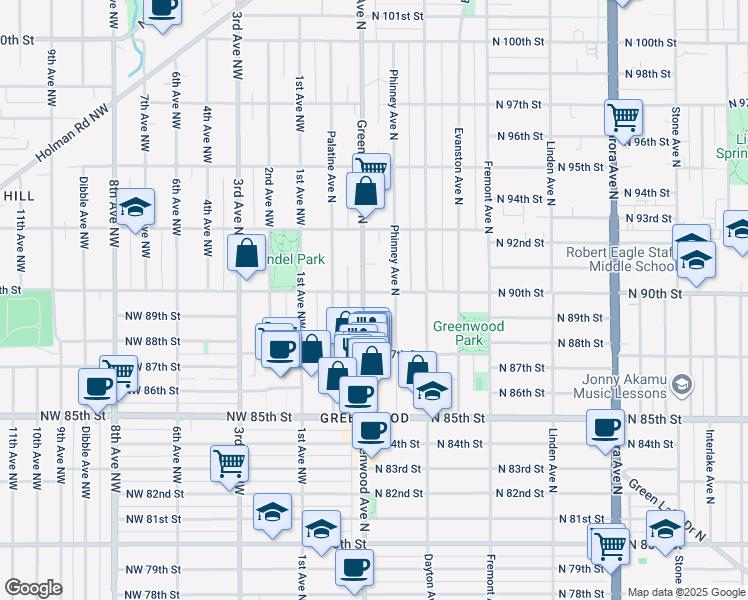 map of restaurants, bars, coffee shops, grocery stores, and more near 8760 Greenwood Avenue North in Seattle
