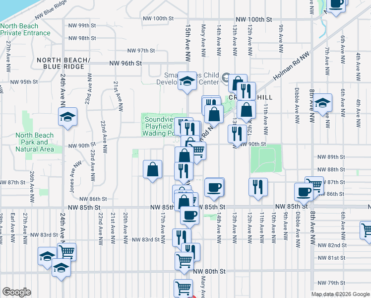 map of restaurants, bars, coffee shops, grocery stores, and more near 8750 16th Avenue Northwest in Seattle