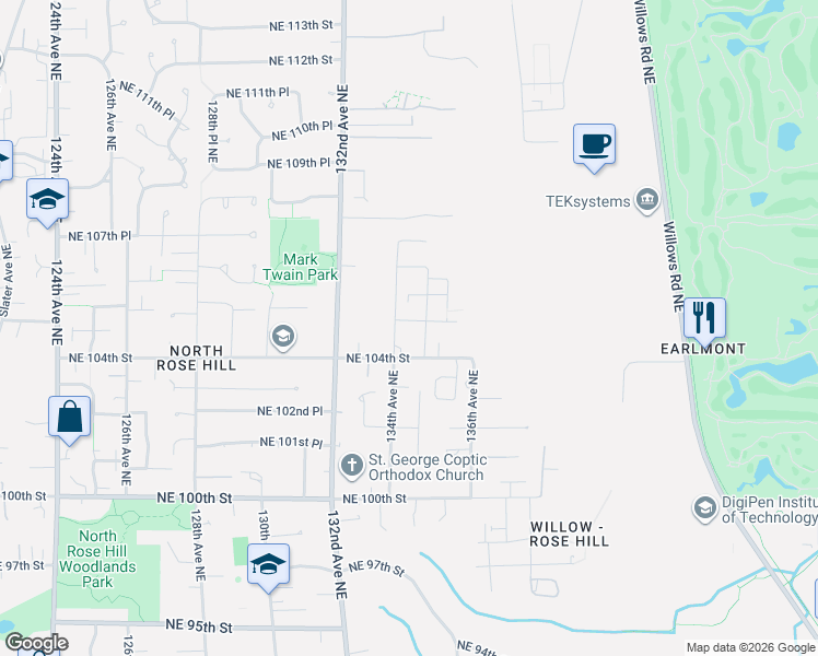 map of restaurants, bars, coffee shops, grocery stores, and more near 13447 Northeast 104th Way in Kirkland