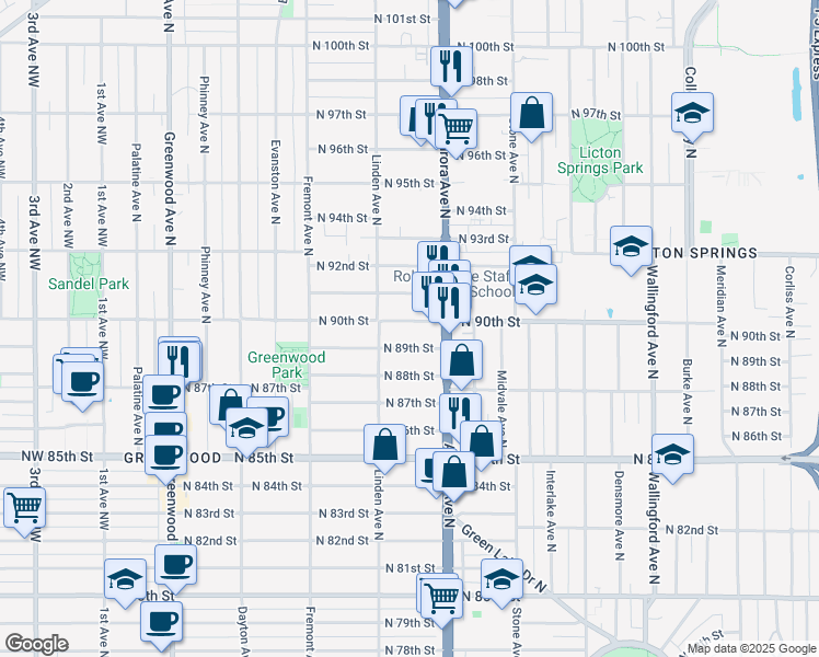 map of restaurants, bars, coffee shops, grocery stores, and more near 929 North 90th Street in Seattle