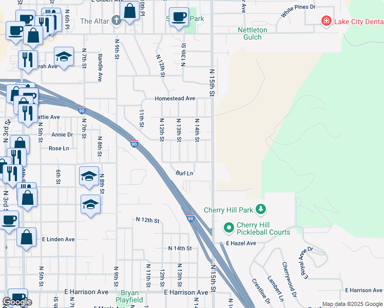 map of restaurants, bars, coffee shops, grocery stores, and more near 1912 North 14th Street in Coeur d'Alene