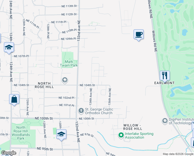 map of restaurants, bars, coffee shops, grocery stores, and more near 13483 Northeast 104th Way in Kirkland