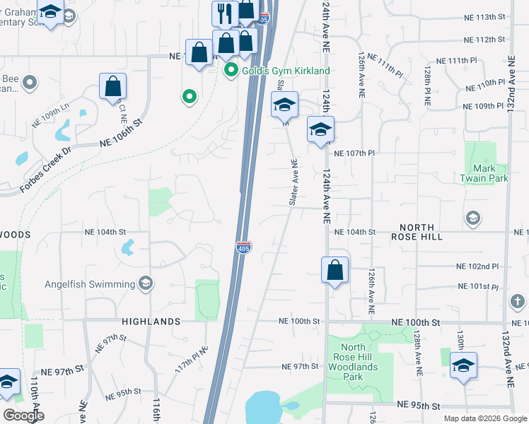 map of restaurants, bars, coffee shops, grocery stores, and more near 12109 Northeast 105th Street in Kirkland