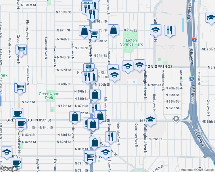 map of restaurants, bars, coffee shops, grocery stores, and more near 1215 North 90th Street in Seattle