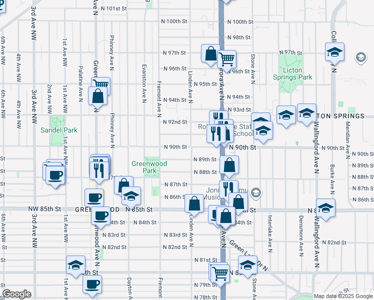 map of restaurants, bars, coffee shops, grocery stores, and more near 757 North 90th Street in Seattle