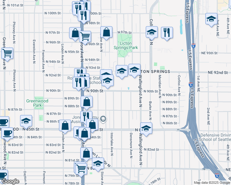 map of restaurants, bars, coffee shops, grocery stores, and more near 8854 Interlake Avenue North in Seattle