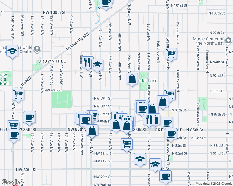 map of restaurants, bars, coffee shops, grocery stores, and more near 339 Northwest 90th Street in Seattle