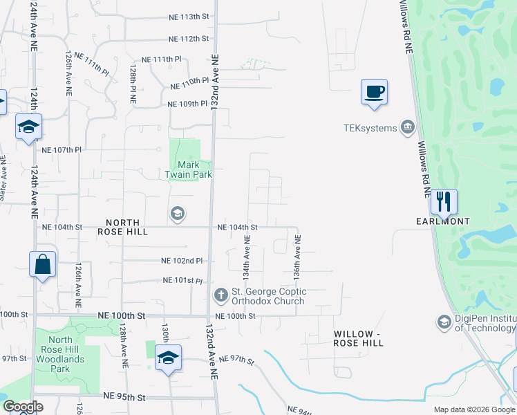 map of restaurants, bars, coffee shops, grocery stores, and more near 13447 Northeast 104th Way in Kirkland