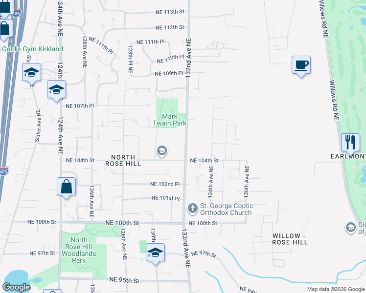 map of restaurants, bars, coffee shops, grocery stores, and more near 10425 132nd Avenue Northeast in Kirkland
