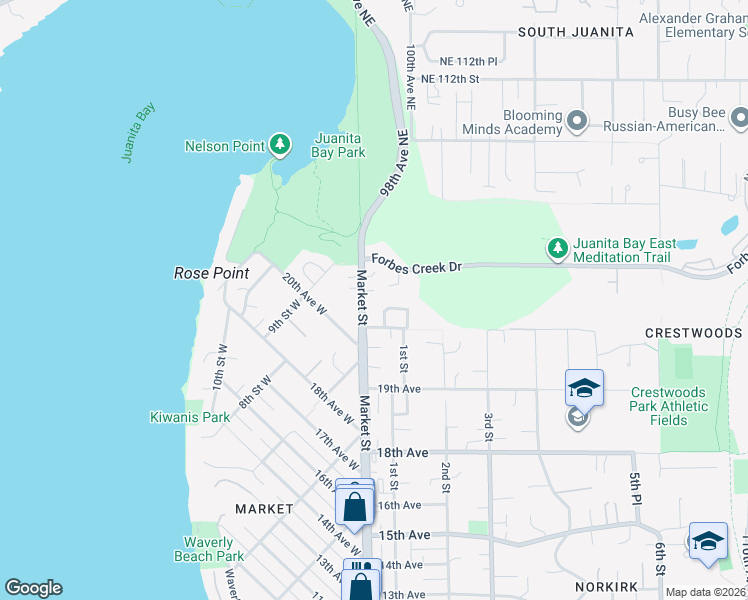 map of restaurants, bars, coffee shops, grocery stores, and more near 2070 Market Street in Kirkland