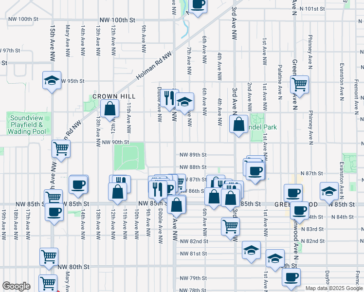 map of restaurants, bars, coffee shops, grocery stores, and more near 715 Northwest 90th Street in Seattle
