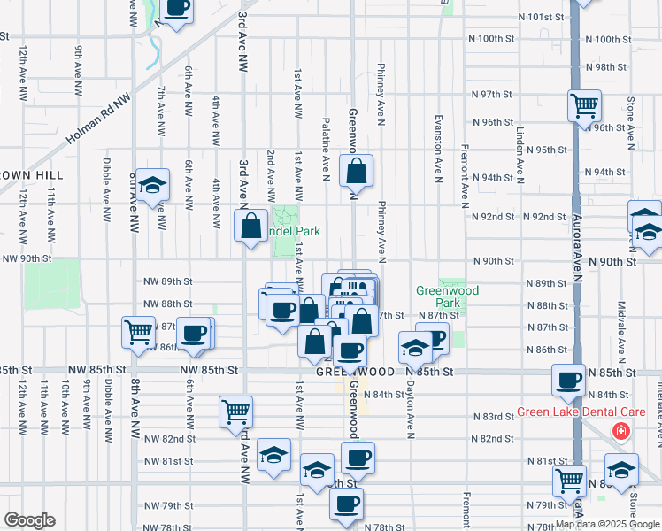 map of restaurants, bars, coffee shops, grocery stores, and more near 203 North 90th Street in Seattle