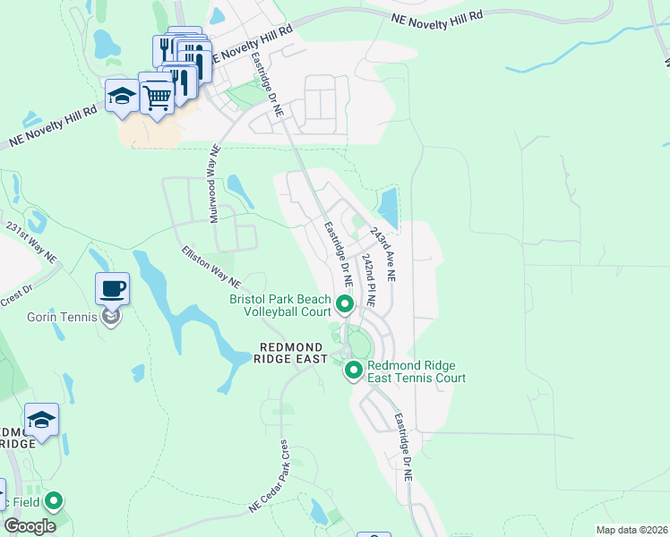 map of restaurants, bars, coffee shops, grocery stores, and more near 10756 240th Avenue Northeast in Redmond
