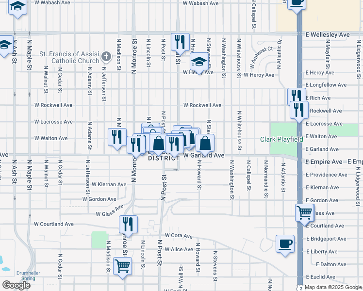 map of restaurants, bars, coffee shops, grocery stores, and more near 3918 North Wall Street in Spokane