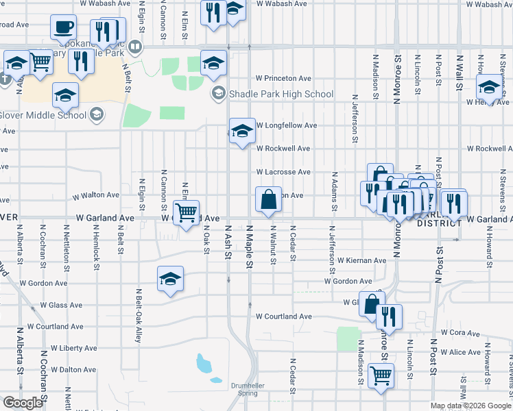 map of restaurants, bars, coffee shops, grocery stores, and more near 3918 North Maple Street in Spokane