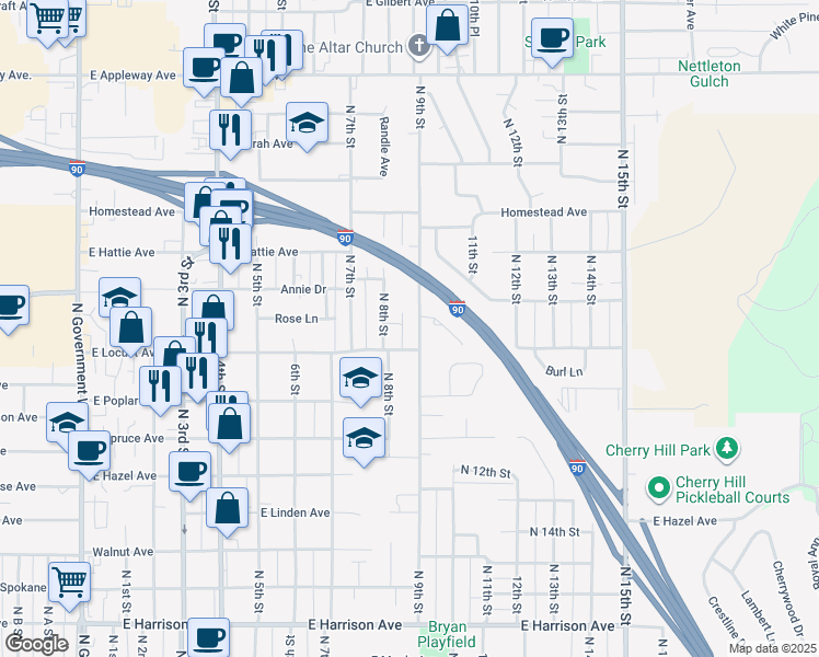 map of restaurants, bars, coffee shops, grocery stores, and more near 1909 North 9th Street in Coeur d'Alene