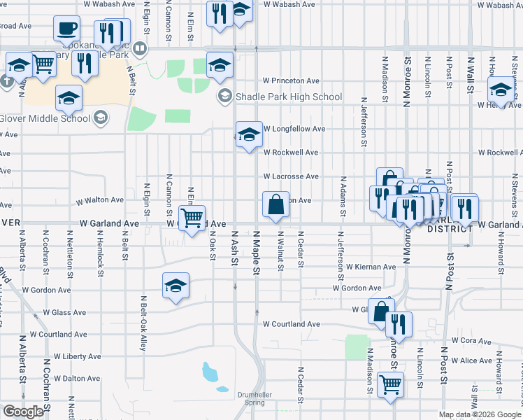 map of restaurants, bars, coffee shops, grocery stores, and more near 3918 North Maple Street in Spokane