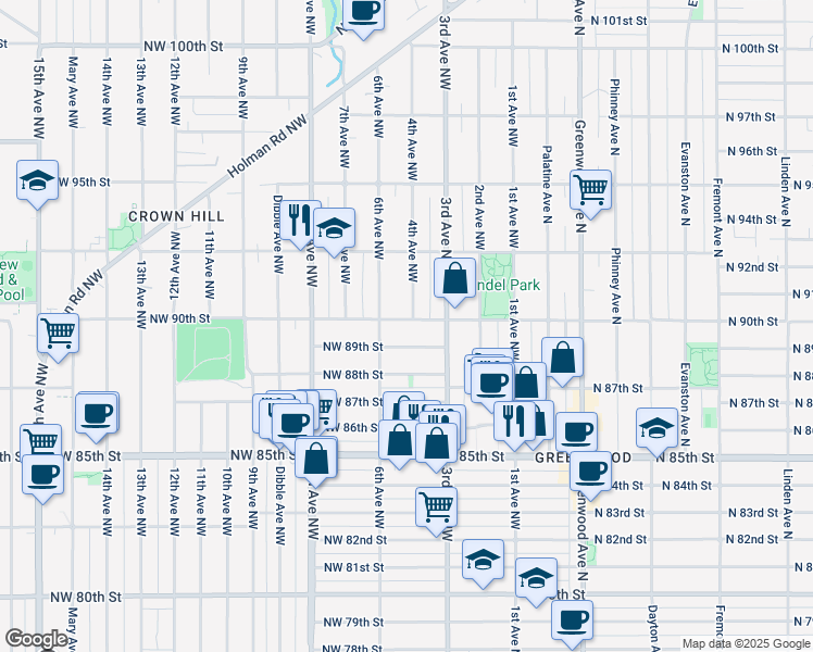 map of restaurants, bars, coffee shops, grocery stores, and more near 337 Northwest 90th Street in Seattle