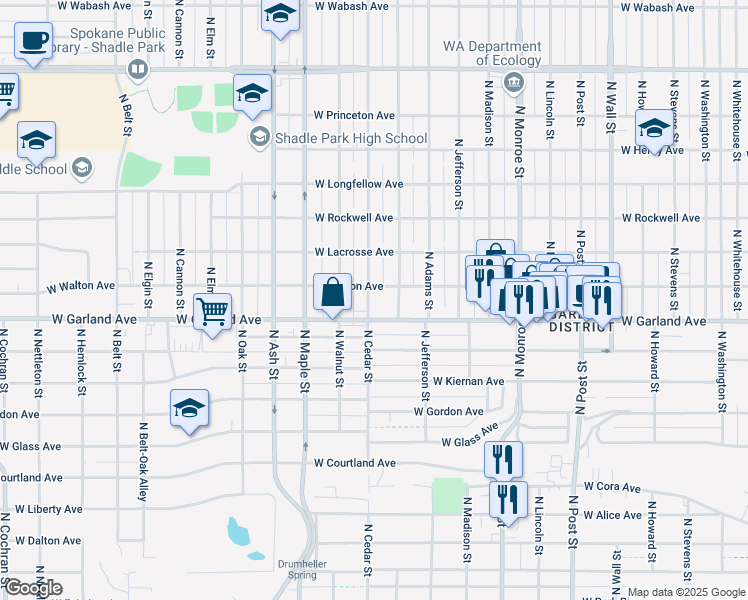 map of restaurants, bars, coffee shops, grocery stores, and more near 3920 North Cedar Street in Spokane