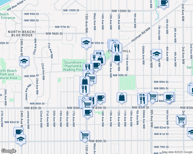 map of restaurants, bars, coffee shops, grocery stores, and more near 1401 Northwest 90th Street in Seattle