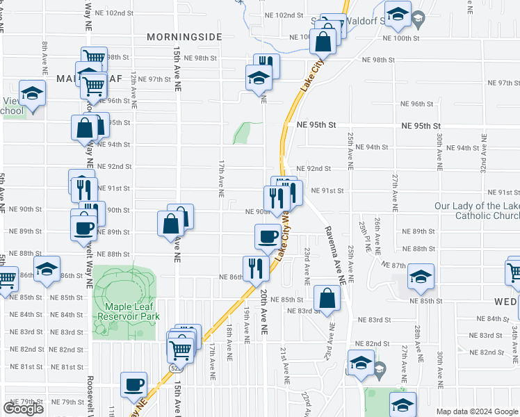 map of restaurants, bars, coffee shops, grocery stores, and more near 1754 Northeast 90th Street in Seattle