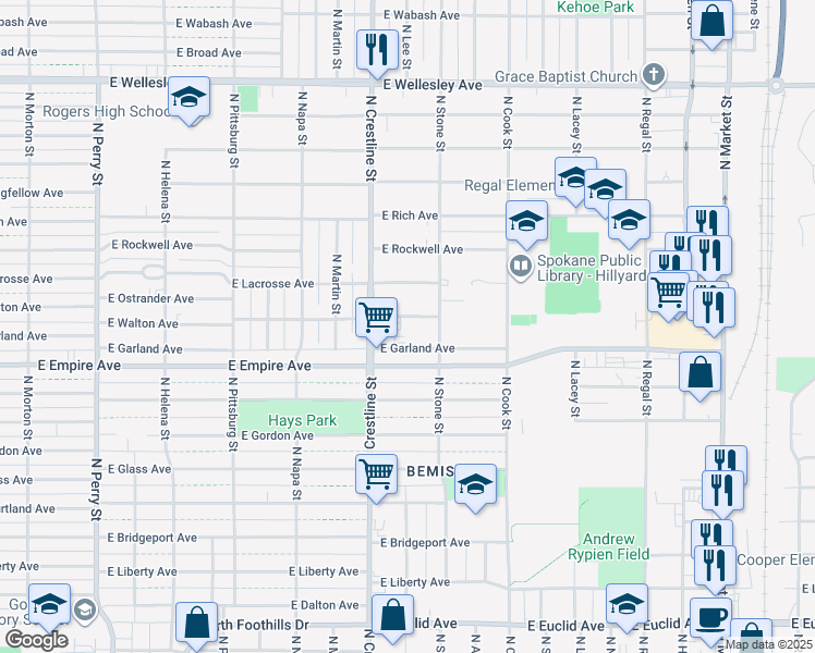 map of restaurants, bars, coffee shops, grocery stores, and more near 3924 North Crestline Street in Spokane