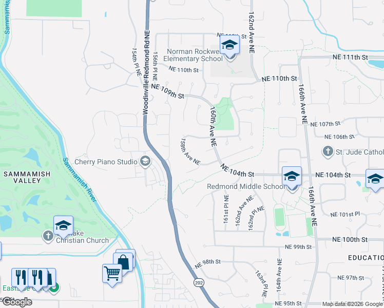 map of restaurants, bars, coffee shops, grocery stores, and more near 10526 158th Avenue Northeast in Redmond