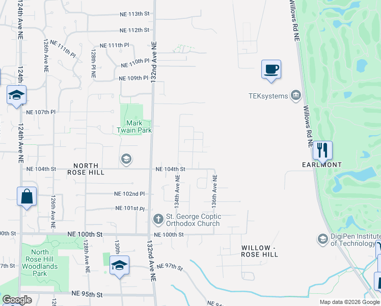 map of restaurants, bars, coffee shops, grocery stores, and more near 13483 Northeast 104th Way in Kirkland