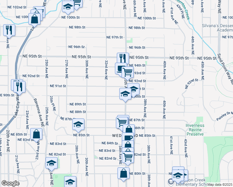 map of restaurants, bars, coffee shops, grocery stores, and more near 3226 Northeast 90th Street in Seattle