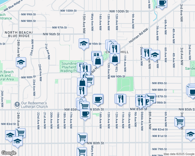map of restaurants, bars, coffee shops, grocery stores, and more near 1401 Northwest 90th Street in Seattle
