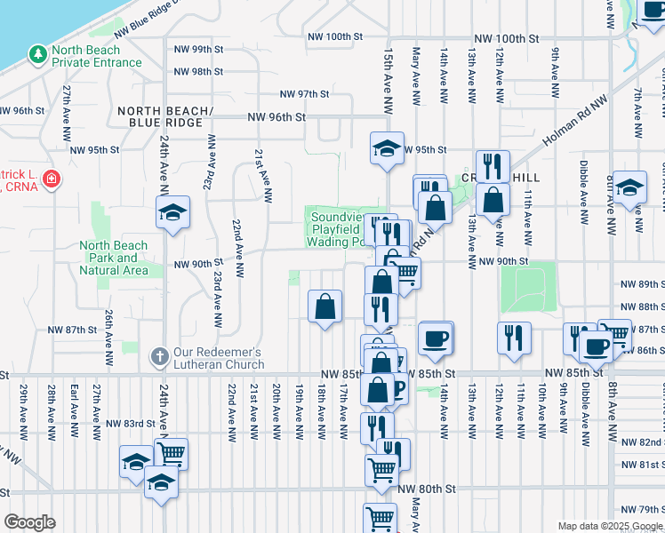 map of restaurants, bars, coffee shops, grocery stores, and more near 8754 17th Avenue Northwest in Seattle