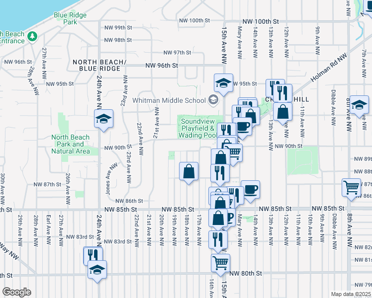 map of restaurants, bars, coffee shops, grocery stores, and more near 1814 Northwest 89th Street in Seattle