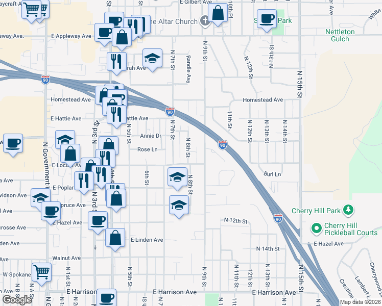 map of restaurants, bars, coffee shops, grocery stores, and more near 1909 North 9th Street in Coeur d'Alene
