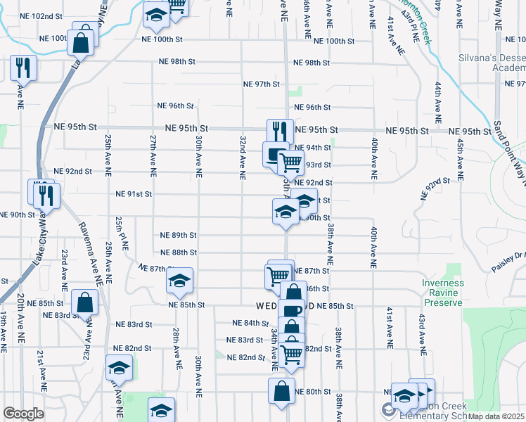 map of restaurants, bars, coffee shops, grocery stores, and more near 3226 Northeast 90th Street in Seattle