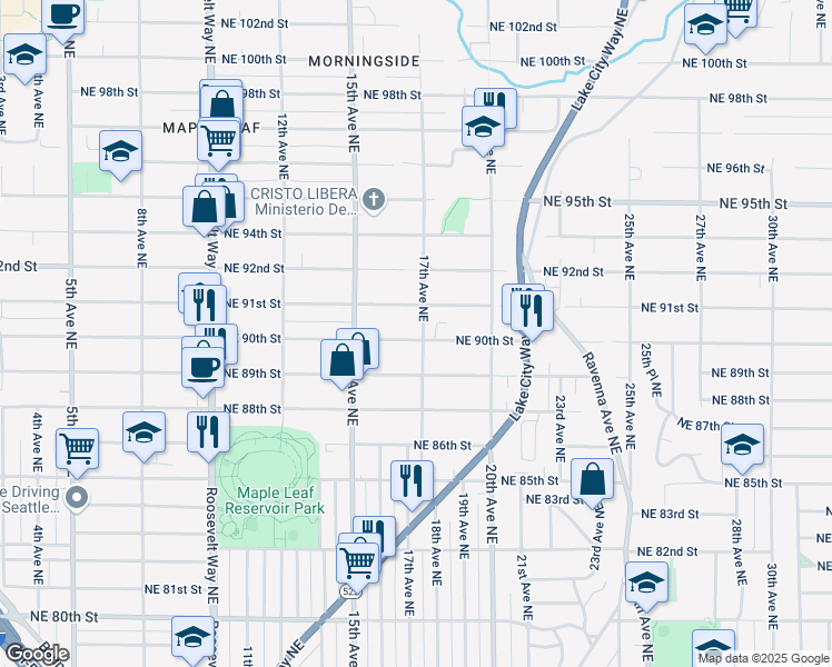 map of restaurants, bars, coffee shops, grocery stores, and more near 9001 17th Avenue Northeast in Seattle
