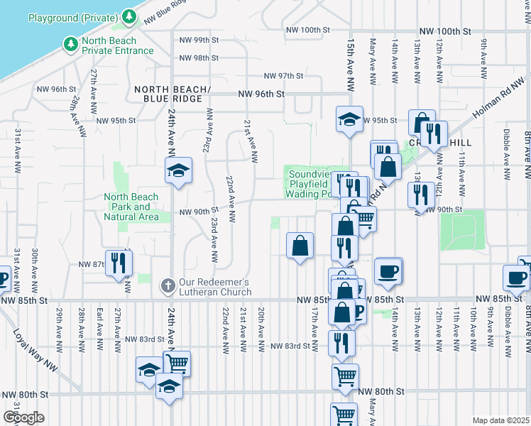 map of restaurants, bars, coffee shops, grocery stores, and more near 1916 Northwest 89th Street in Seattle