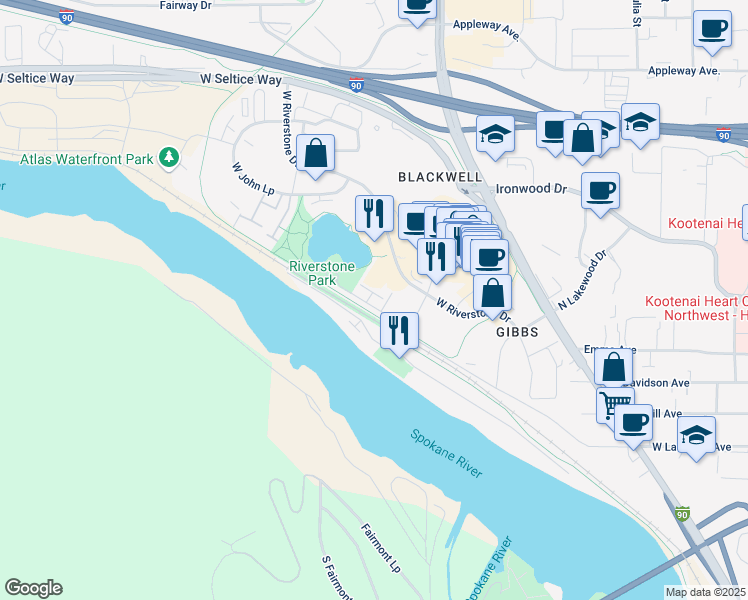 map of restaurants, bars, coffee shops, grocery stores, and more near 1810 West Felton Drive in Coeur d'Alene