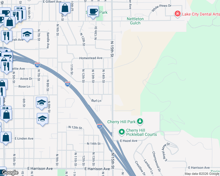 map of restaurants, bars, coffee shops, grocery stores, and more near 1912 North 14th Street in Coeur d'Alene