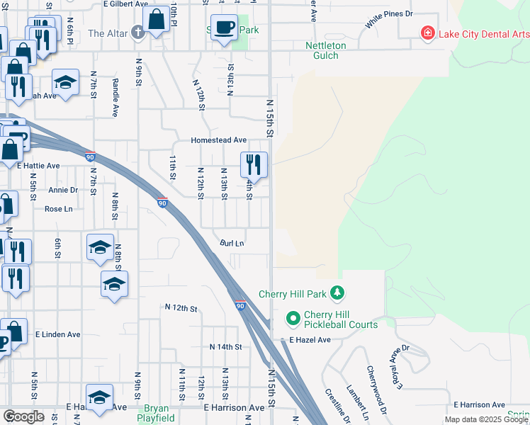 map of restaurants, bars, coffee shops, grocery stores, and more near 1907 North 15th Street in Coeur d'Alene