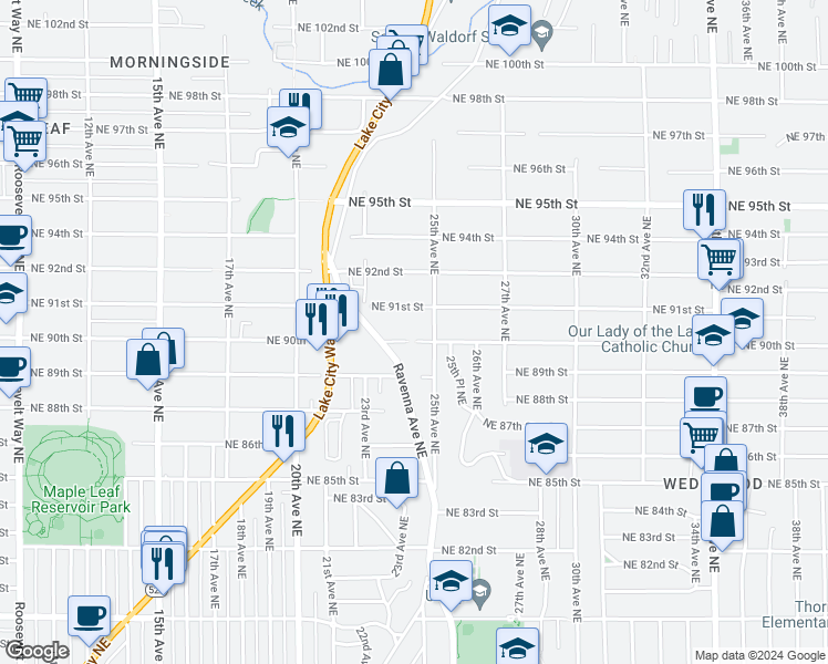 map of restaurants, bars, coffee shops, grocery stores, and more near 2380 Northeast 90th Street in Seattle
