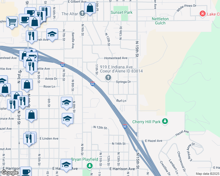 map of restaurants, bars, coffee shops, grocery stores, and more near 1920 North 12th Street in Coeur d'Alene
