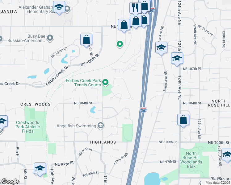 map of restaurants, bars, coffee shops, grocery stores, and more near 11805 Northeast 105th Court in Kirkland