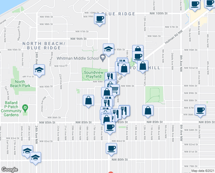 map of restaurants, bars, coffee shops, grocery stores, and more near 8750 16th Avenue Northwest in Seattle