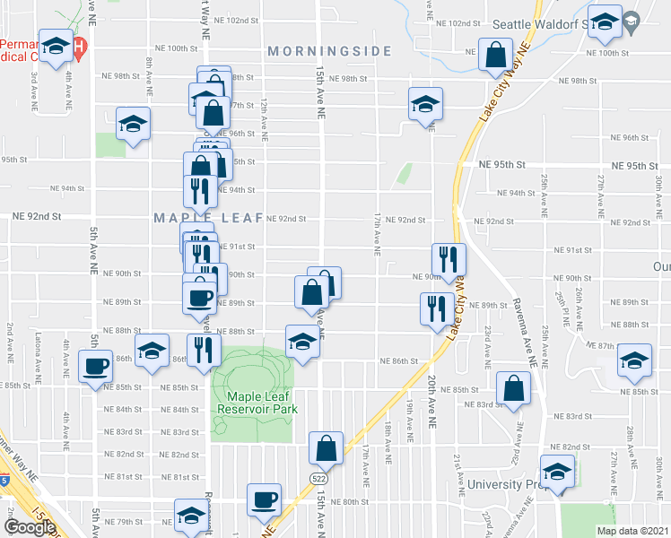 map of restaurants, bars, coffee shops, grocery stores, and more near 1510 Northeast 90th Street in Seattle