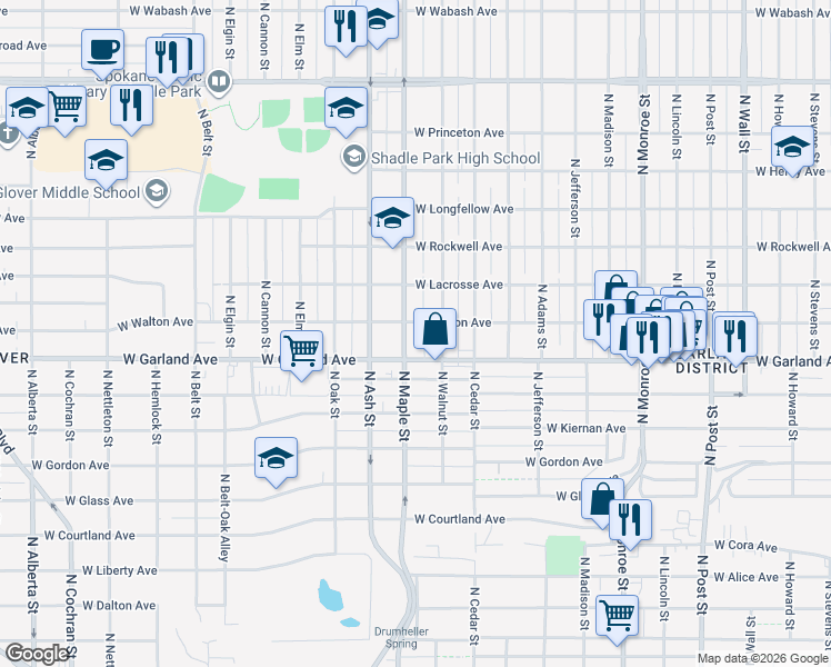 map of restaurants, bars, coffee shops, grocery stores, and more near 3918 North Maple Street in Spokane